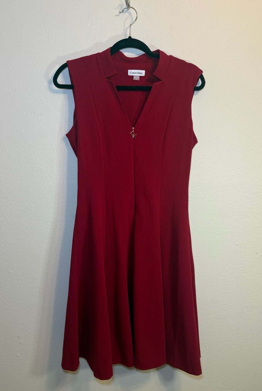 Calvin Klein Sleeveless V-Neck Fit and Flare Dress with Front Zipper in Red